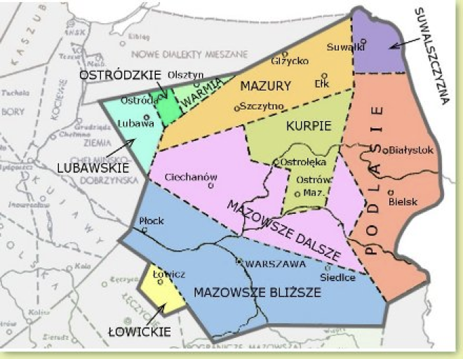 Mapa 1. Dialekt mazowiecki wg K. Nitscha i S. Urbańczyka